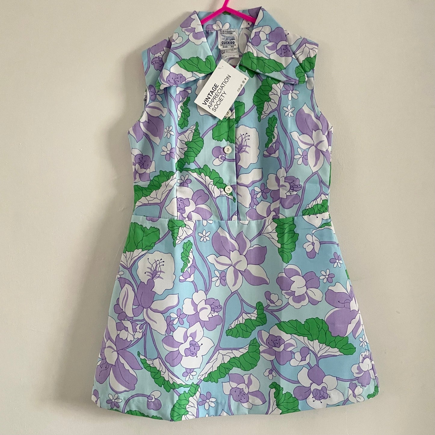 Vintage Cuckoo Made in Hong Kong, Deadstock children’s Floral Shirt dress Blue Purple and Green.