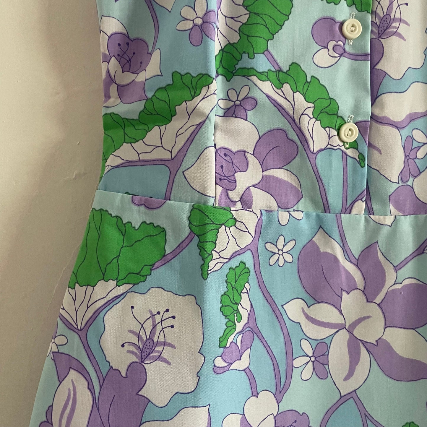 Vintage Cuckoo Made in Hong Kong, Deadstock children’s Floral Shirt dress Blue Purple and Green.