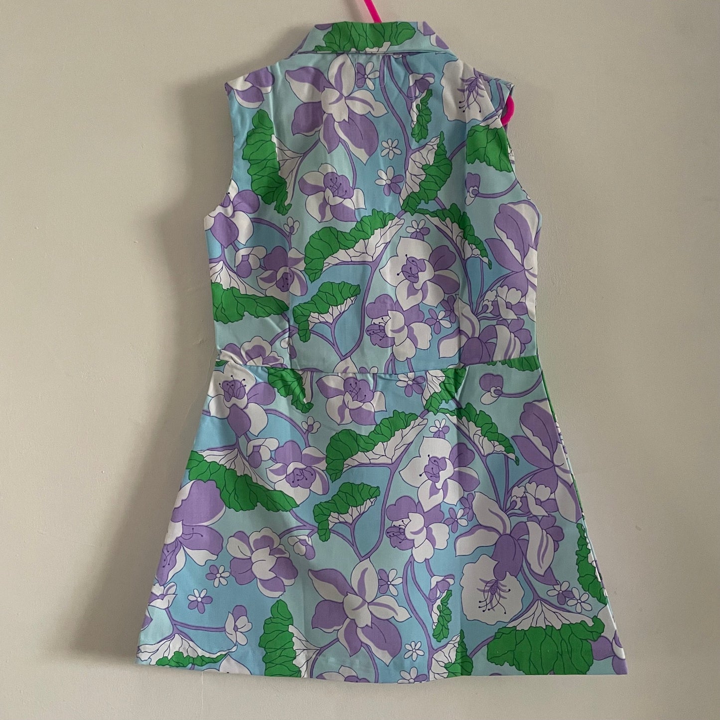 Vintage Cuckoo Made in Hong Kong, Deadstock children’s Floral Shirt dress Blue Purple and Green.