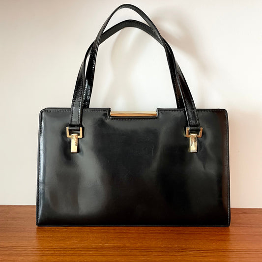 Vintage Black Leather Ackery London Top Handle  Handbag with Gold Hardware and Elbief Frame