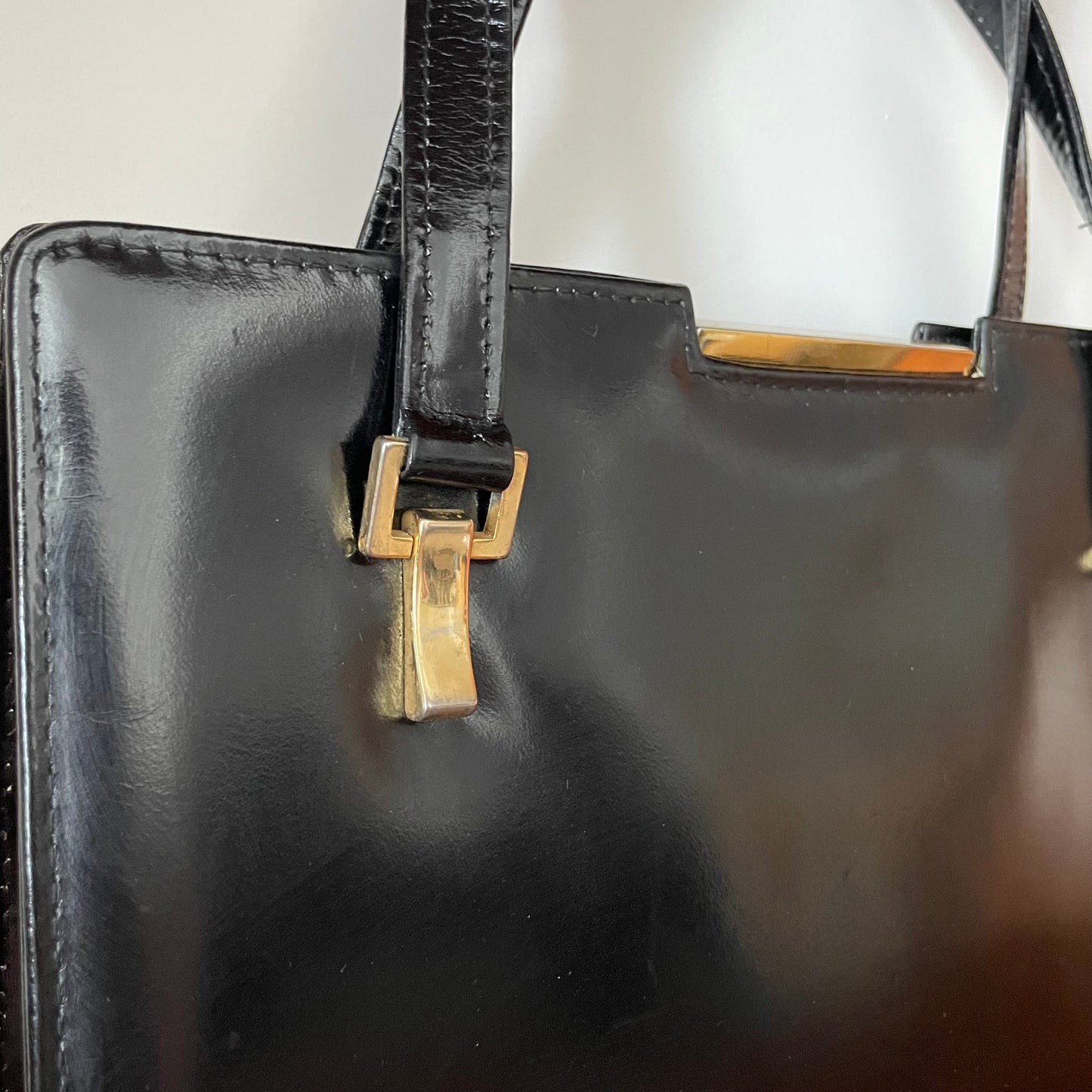 Vintage Black Leather Ackery London Top Handle  Handbag with Gold Hardware and Elbief Frame