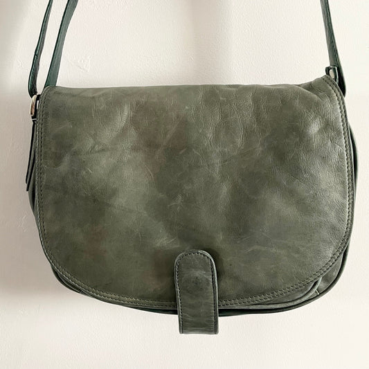 Vintage Green Leather Saddle Compartment Shoulder Bag