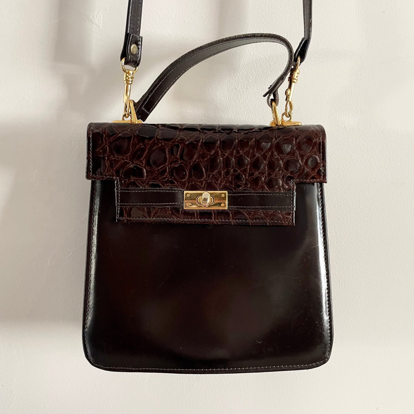 Vintage Brown Real Leather Top Handle  Structured Shoulder Bag. Made in England.