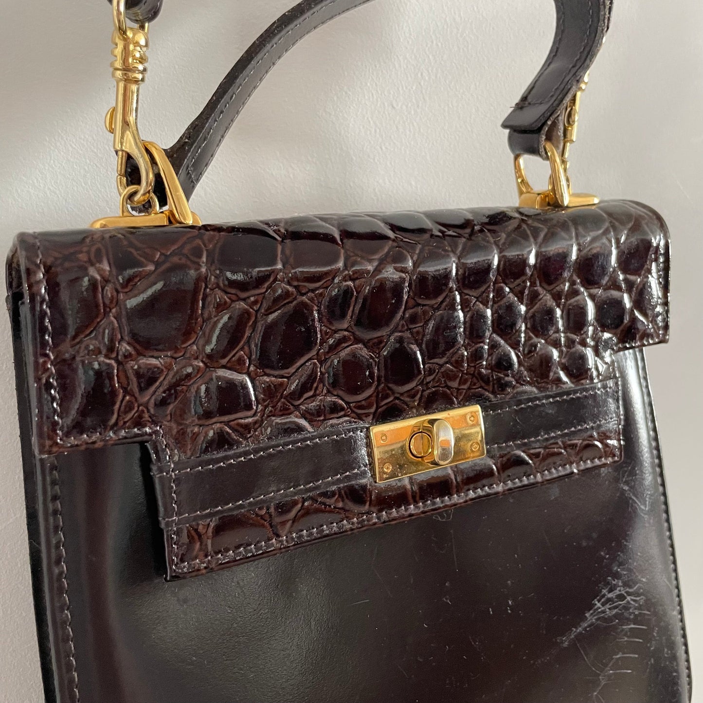 Vintage Brown Real Leather Top Handle  Structured Shoulder Bag. Made in England.