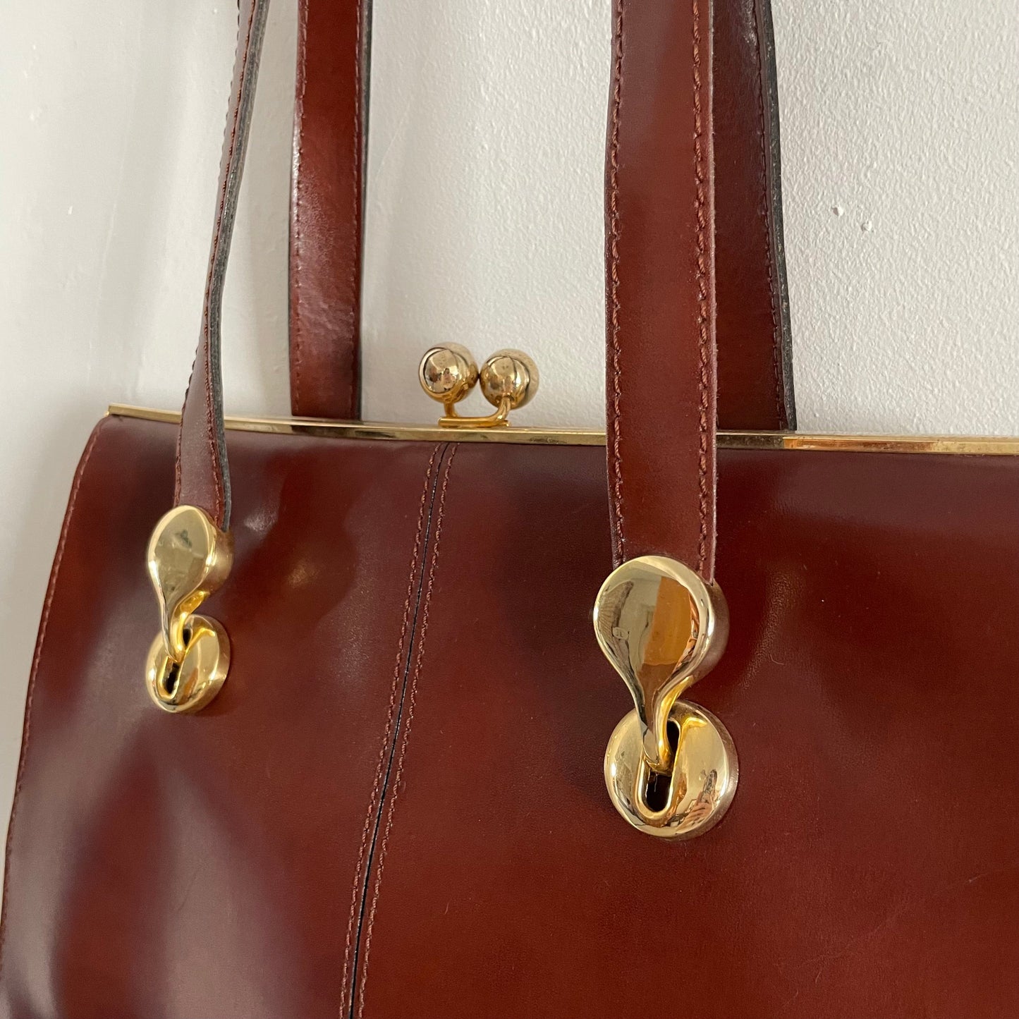 Vintage Brown Leather Statement Structured Large Patterned Shoulder Handbag