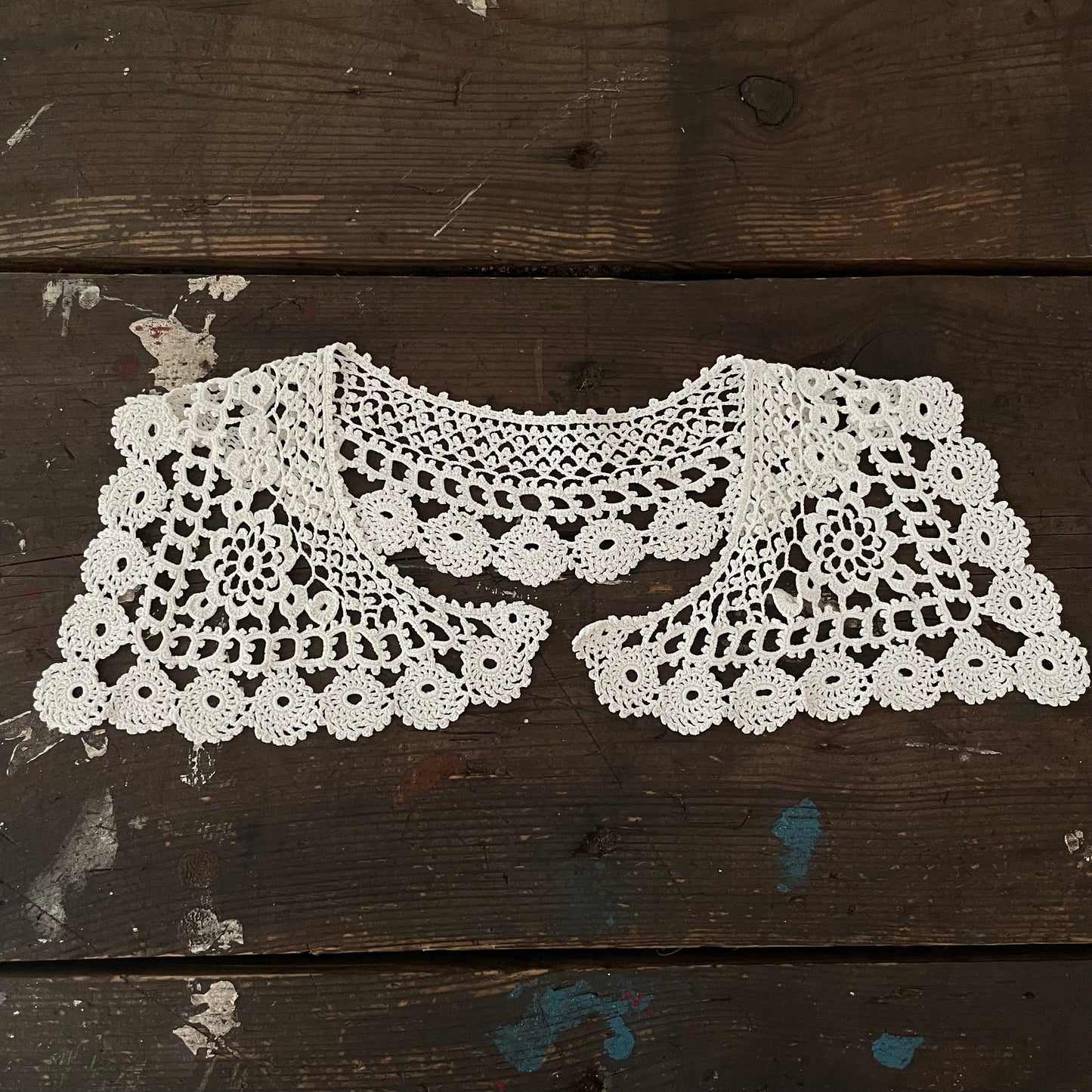 Antique Vintage square intricate hand crocheted eyelet white collar