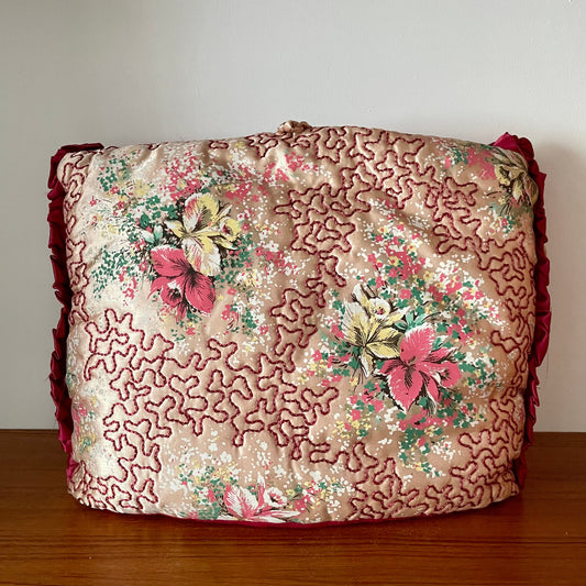 Antique 1930s Hand Embroidered Floral and Pink Padded Ruffle Tea Cosy