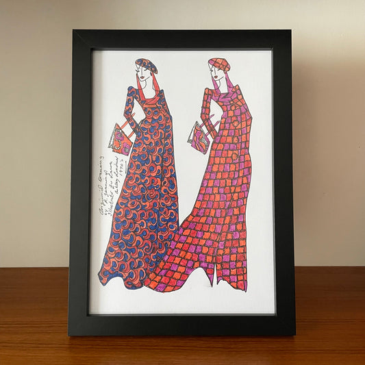 Vintage Original 1970s Laura Ashley Art Drawings by Roz Jennings. Fashion Illustration. Two Figures Maxi Dresses Orange and Pink