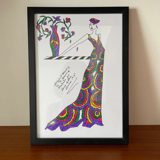 Vintage Original 1970s Laura Ashley Art Drawings by Roz Jennings. Fashion Illustration. 1 Figure Multicoloured Maxi Dress Flowers