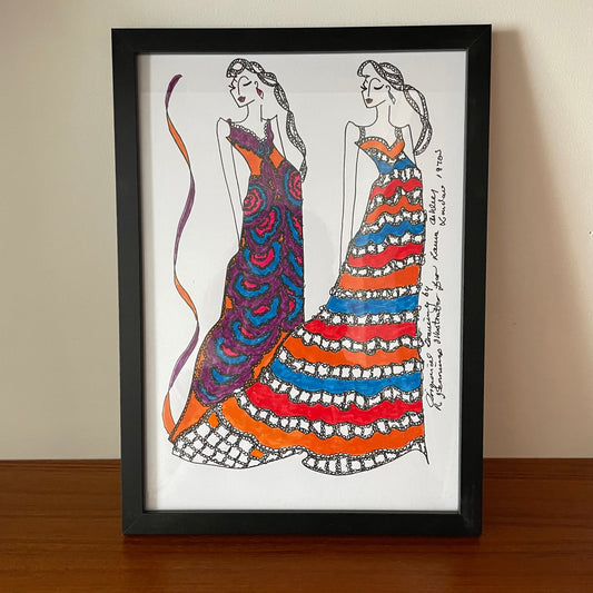 Vintage Original 1970s Laura Ashley Art Drawings by Roz Jennings. Fashion Illustration. Two Figures, Orange, Blue and Red Dress