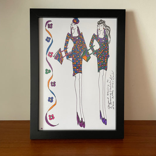 Vintage Original 1970s Laura Ashley Art Drawings by Roz Jennings. Fashion Illustration. Two Figures Purple and Orange Mini Dresses