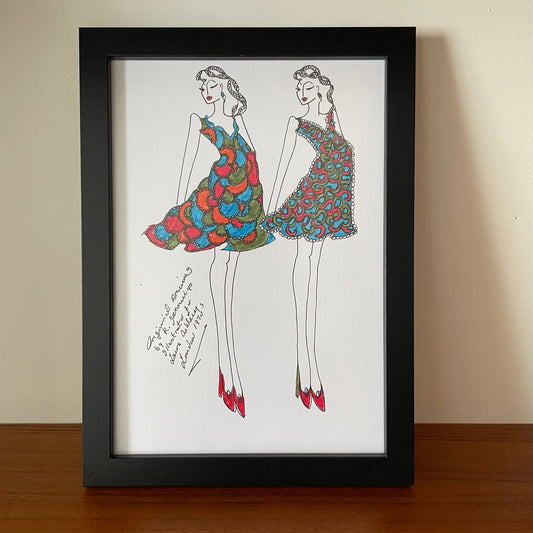 Vintage Original 1970s Laura Ashley Art Drawings by Roz Jennings. Fashion Illustration. Two Figures, Mini Dresses