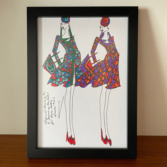 Vintage Original 1970s Laura Ashley Art Drawings by Roz Jennings. Fashion Illustration. Two Figures, Multicoloured Mini Dresses