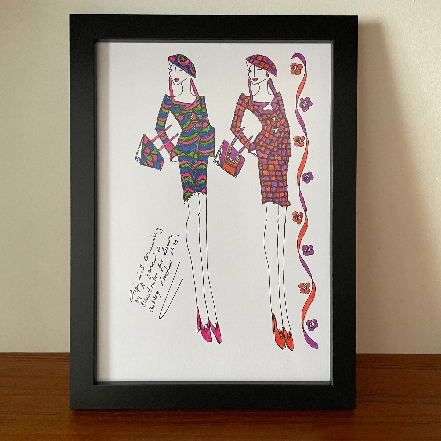 Vintage Original 1970s Laura Ashley Art Drawings by Roz Jennings. Fashion Illustrations. Two Figures, Multicoloured Mini Dresses