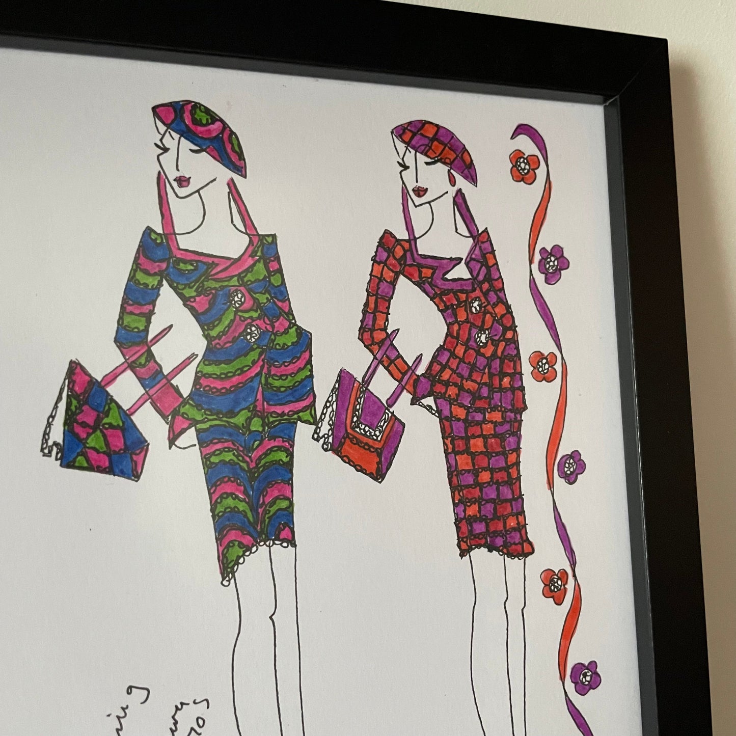 Vintage Original 1970s Laura Ashley Art Drawings by Roz Jennings. Fashion Illustrations. Two Figures, Multicoloured Mini Dresses