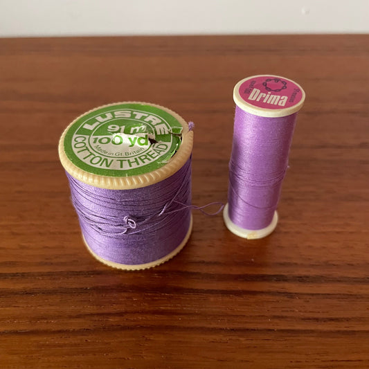 Vintage Purple Thread Reels x2. Lustre Cotton Thread. Coats Polyester 425 Drima.