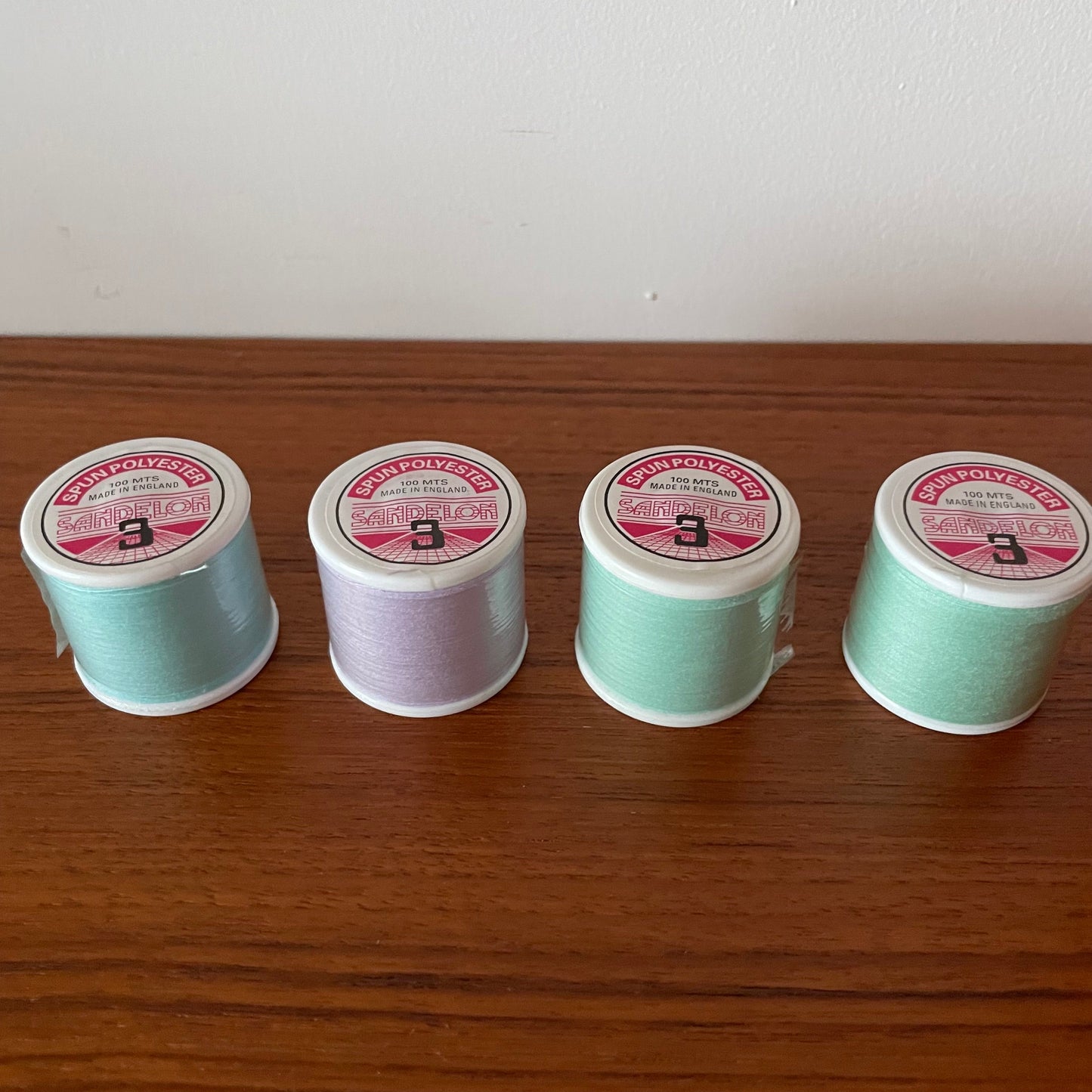 Vintage Multicoloured Thread Reels x4 Sandelon 3. Made in England. Blue, Green, Lilac Purple