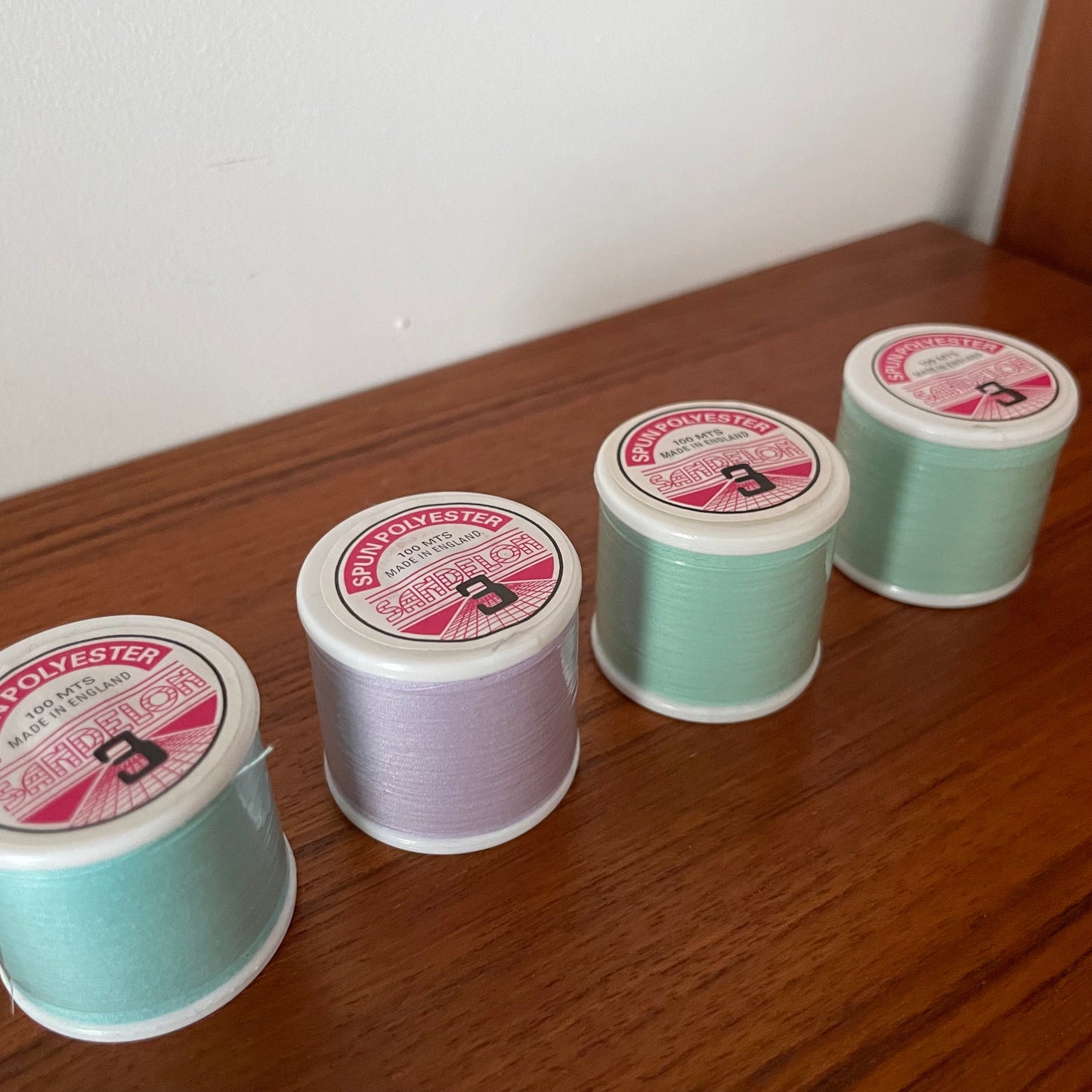 Vintage Multicoloured Thread Reels x4 Sandelon 3. Made in England. Blue, Green, Lilac Purple