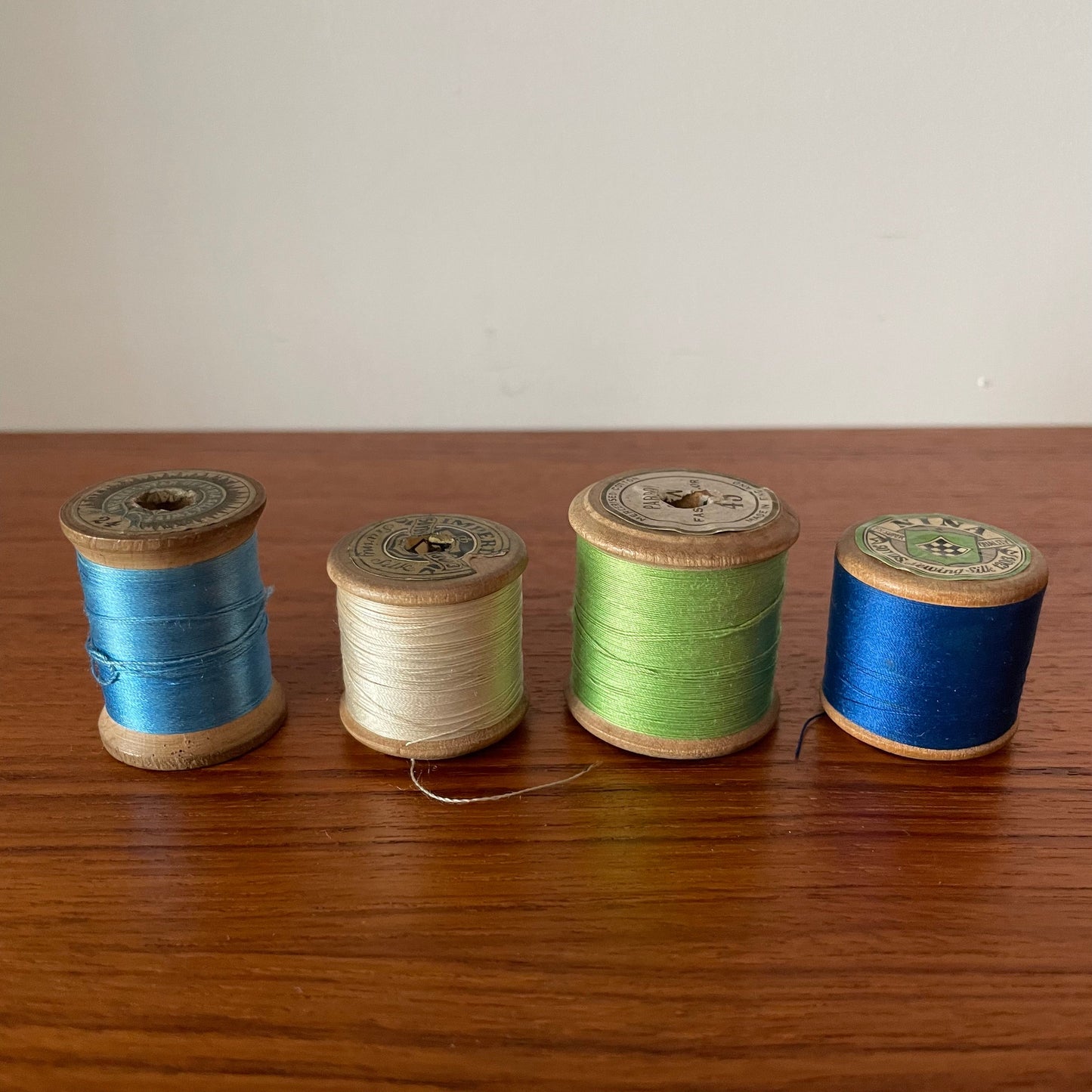 Vintage Job Lot Blue, Green, Cream Thread Reels x 4. Imperial Star of India, Nina, Sewing Silk, Mercerised Cotton