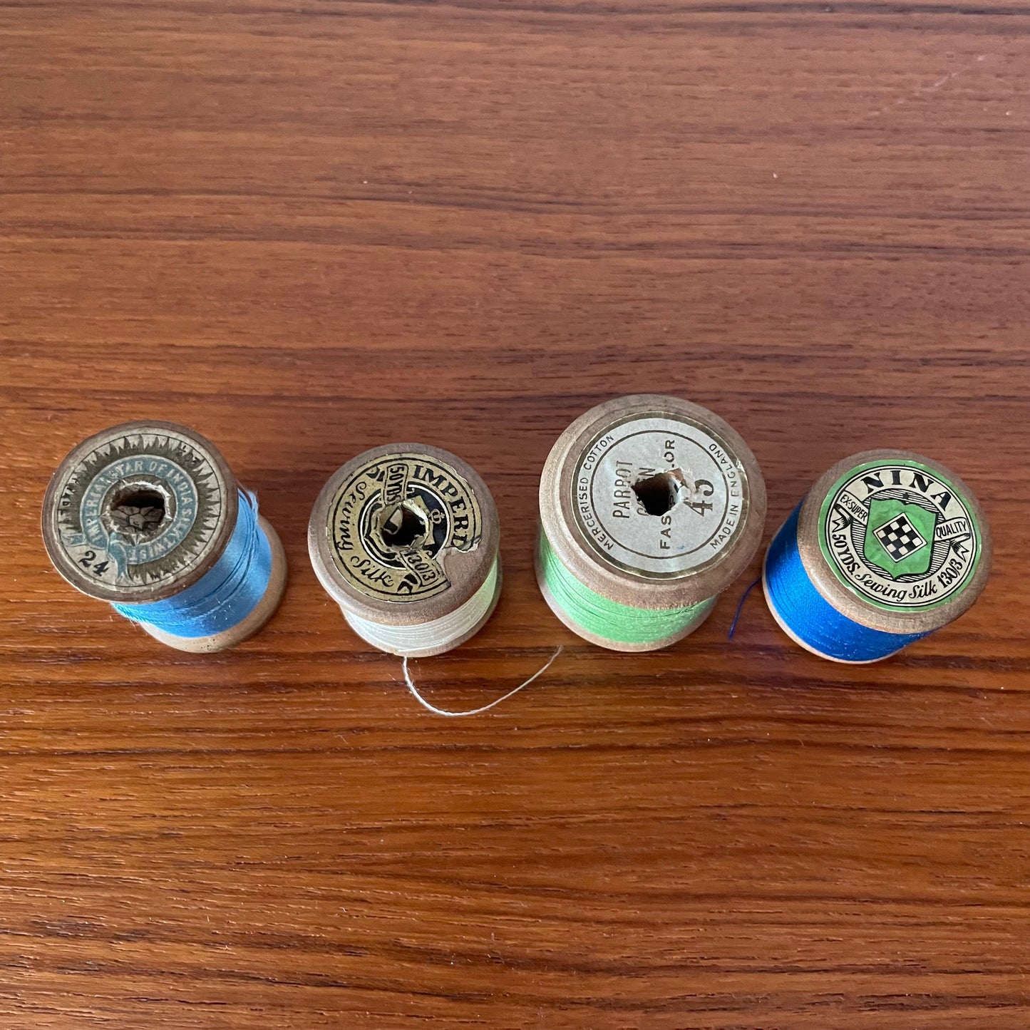 Vintage Job Lot Blue, Green, Cream Thread Reels x 4. Imperial Star of India, Nina, Sewing Silk, Mercerised Cotton