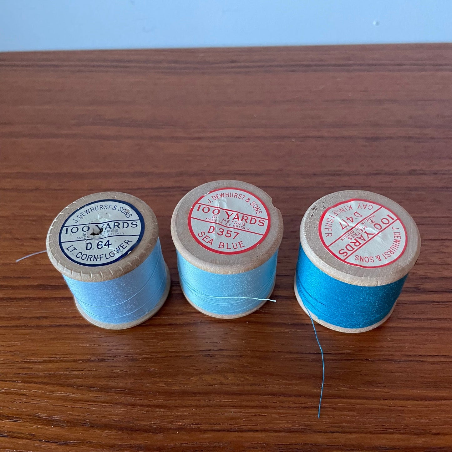 Vintage 3 x Dewhurst's Synthetic Thread Reels. Terylene Thread. Cornflower, Sea Blue, Gay Kingfisher