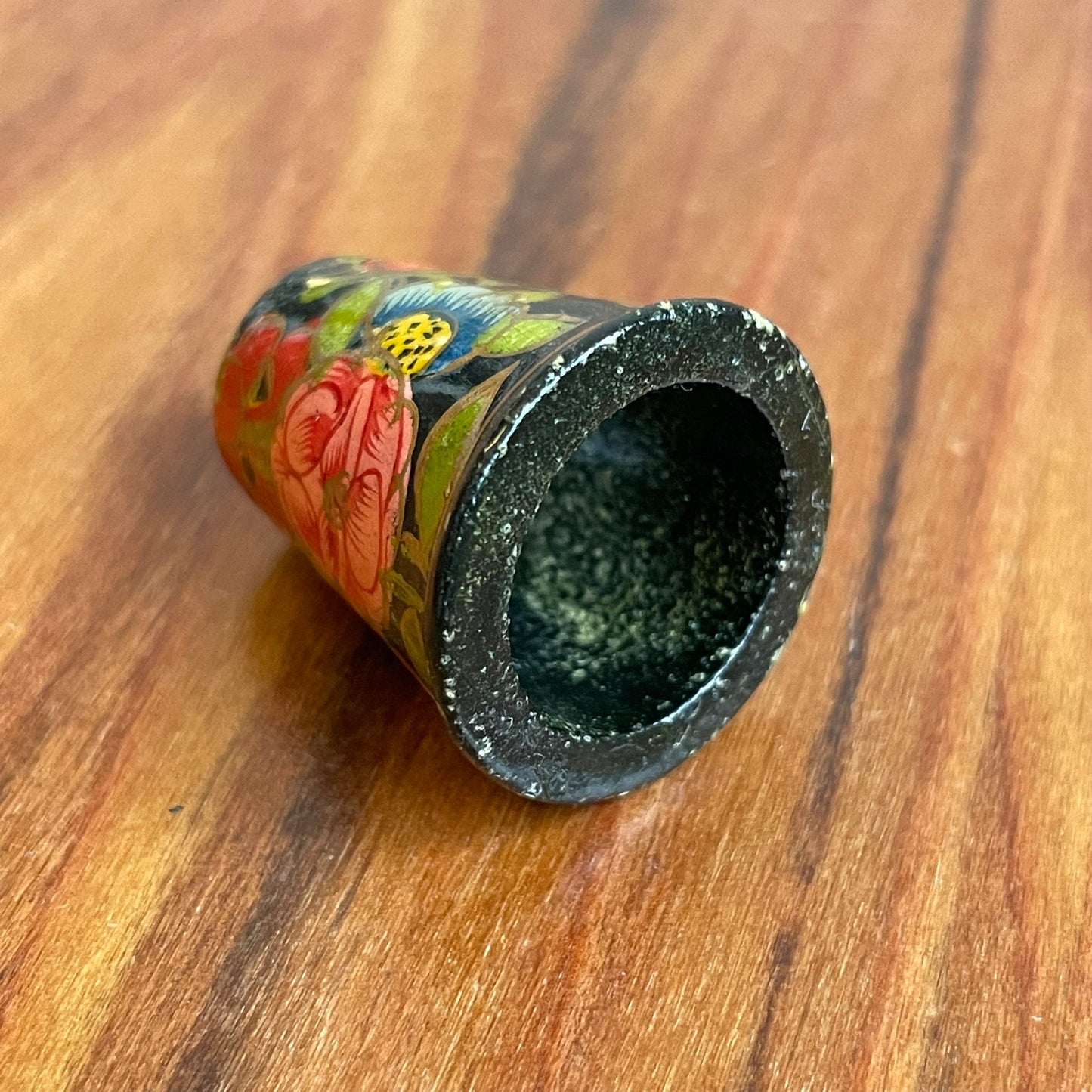 Vintage Black Lacquer Red and Green Floral Painted Wooden Thimble Barge Art