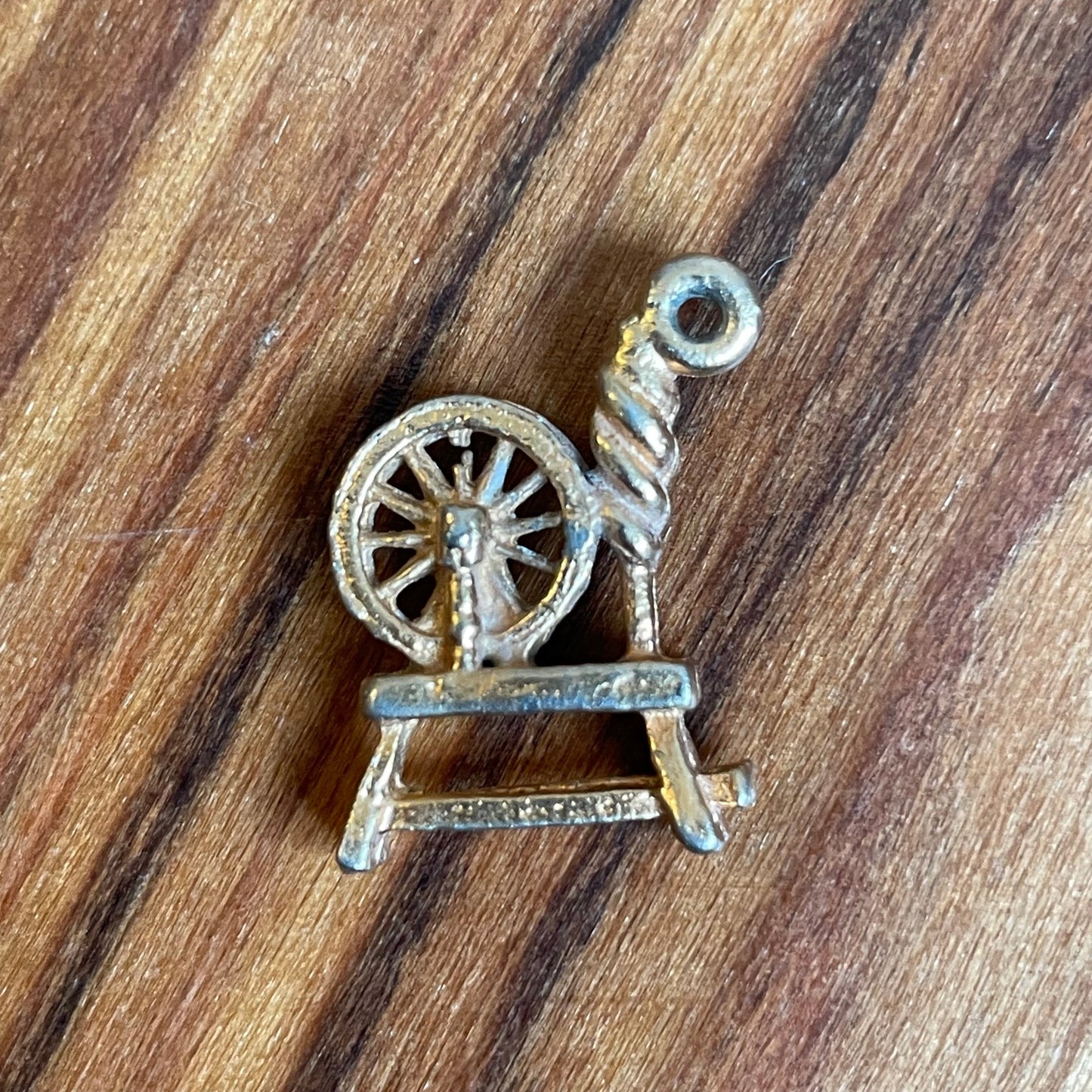 Vintage Sewing Spinning Wheel Gold Tone Charm Pendant