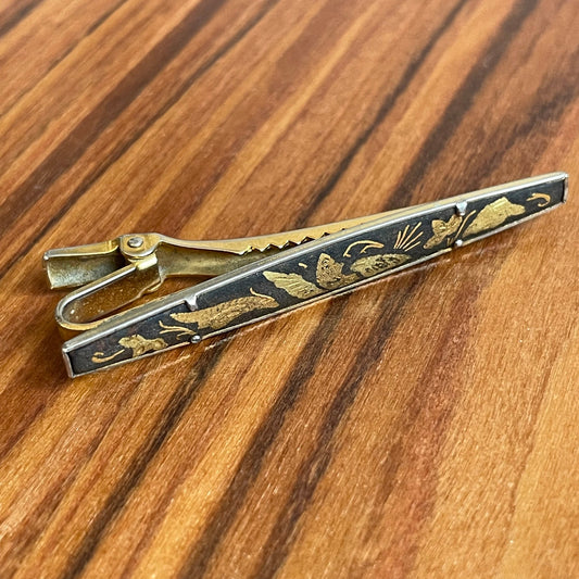 Vintage Spanish Damascene Tie Clip with Toledo Design Black and Gold Tone