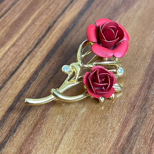 Vintage Red Rose and Diamante Beauty and the Beast Style Brooch