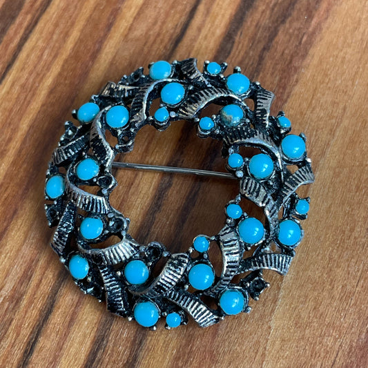 Vintage 1950s Turquoise Blue and Metal Brooch