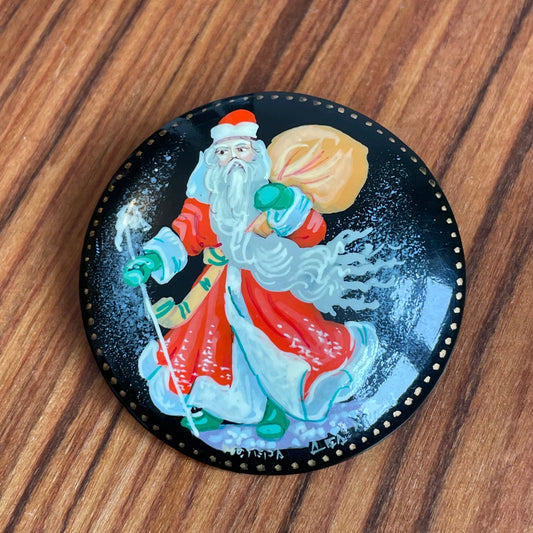 Vintage Russian Lacquer Hand Painted Black and Red Father Christmas Brooch