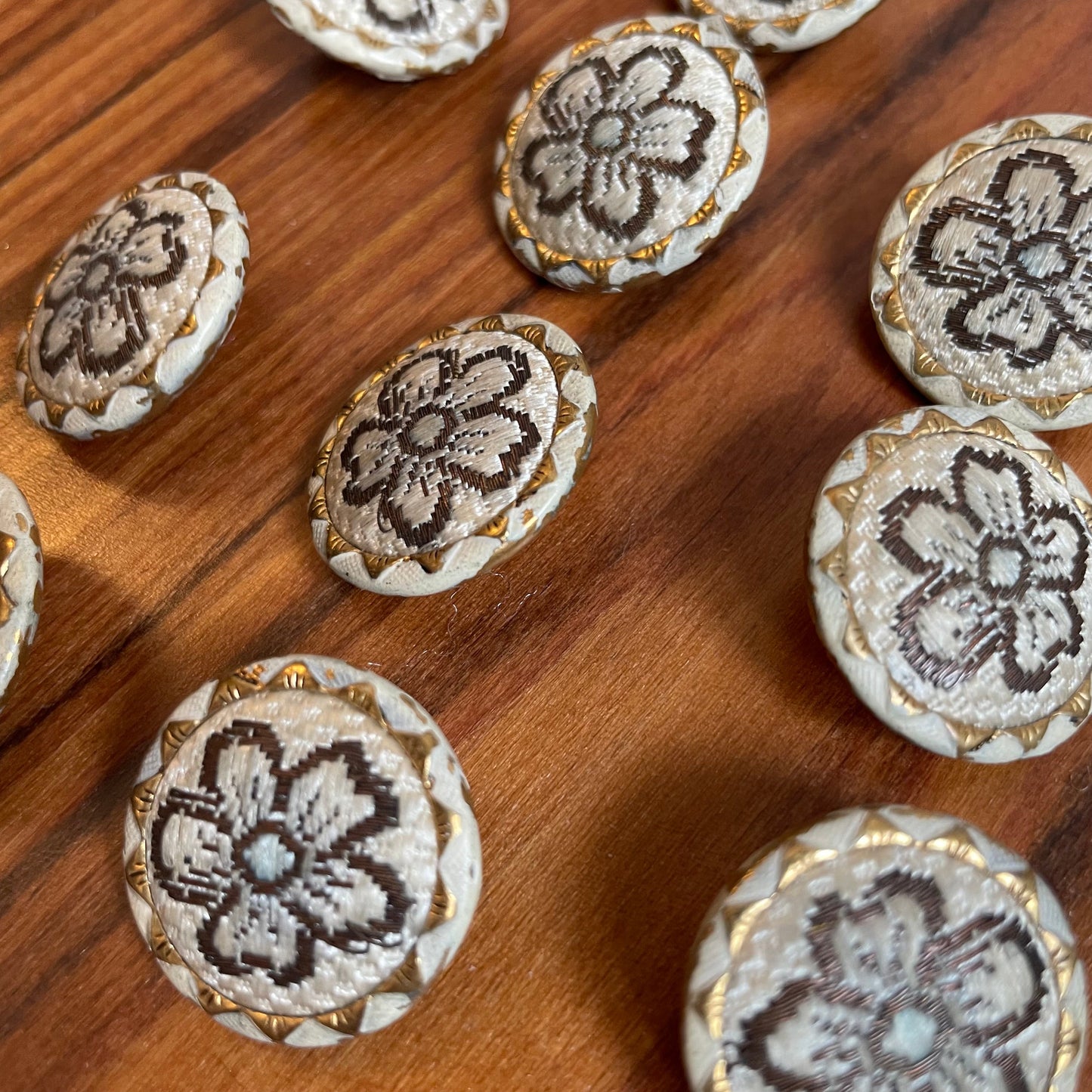 Vintage 1920s Floral Covered Buttons in Cream, Black and Gold