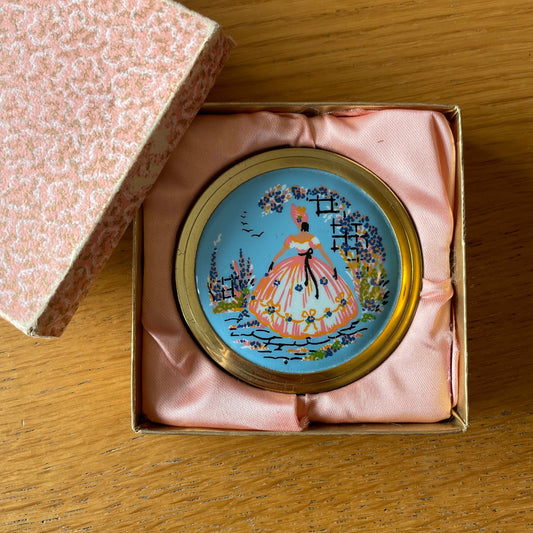 Vintage Crinoline Lady Blue and Gold Tone Compact Pocket Mirror in Original Box