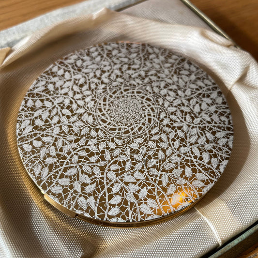 Vintage 1950s Vogue Vanities White and Gold Tone Compact in Original Packaging.