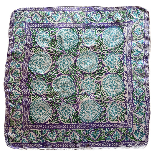 Vintage Silk Scarf White Purple Green Hand Rolled Edges 53cm Square