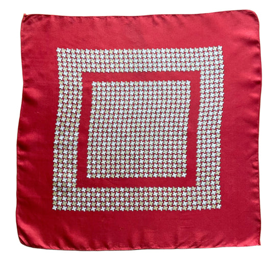 Vintage Red Square Cream Geometric Silk Scarf With Small Mark