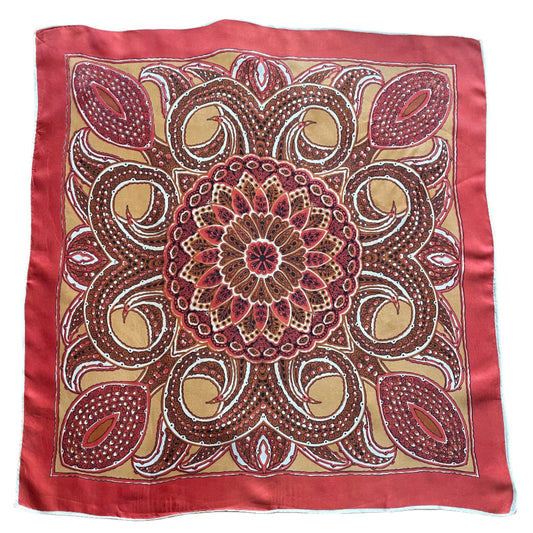 Vintage Scarf Orange Floral White and Brown Swirly Flower 70s