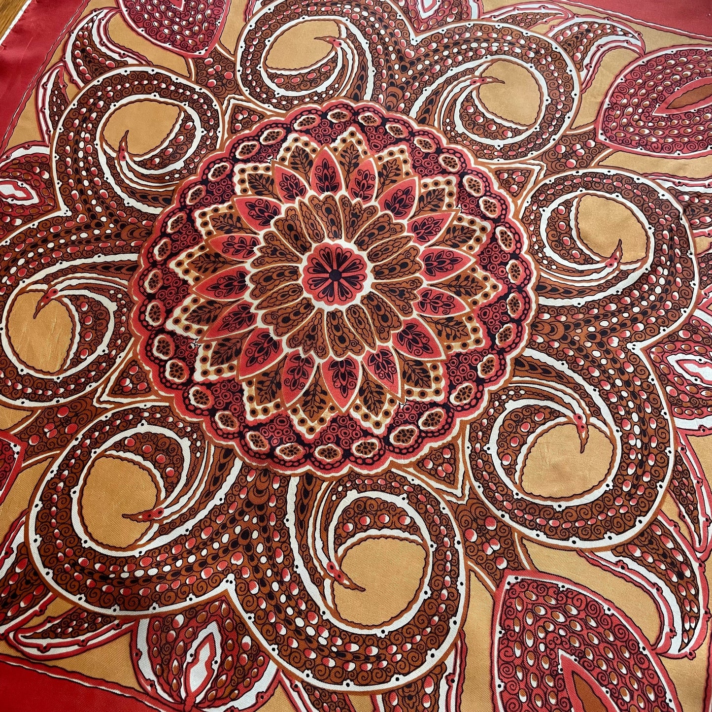 Vintage Scarf Orange Floral White and Brown Swirly Flower 70s