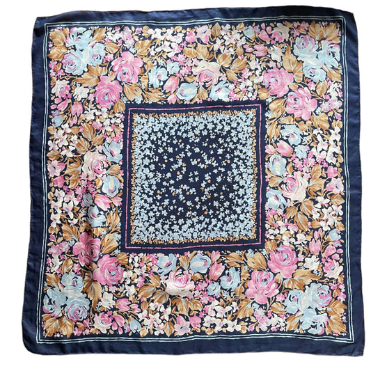 Scarf Vintage Scarf Navy Blue, Pink and Beige Bold Floral Scarf Square