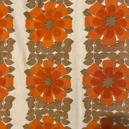Fabric Vintage Orange White Brown 70s Flower Floral Patterned Pair of Curtains