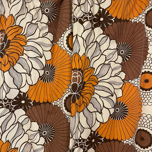 Fabric Vintage White Brown and Orange Floral Patterned Curtain Pair
