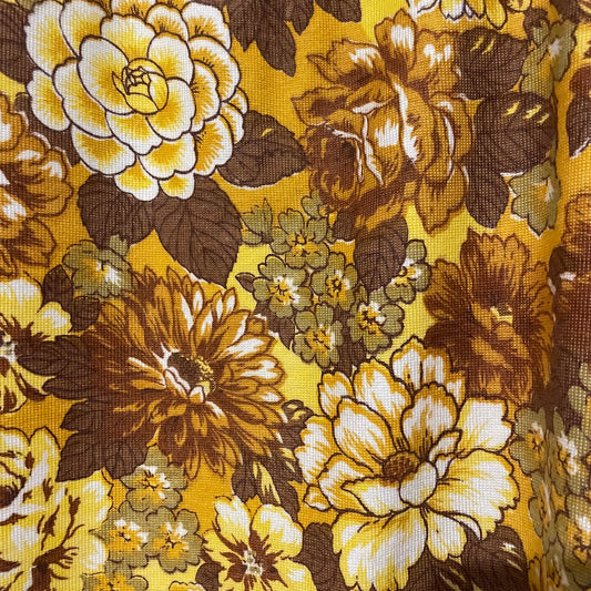 Fabric Vintage Yellow Brown Floral Patterned Curtain Panel