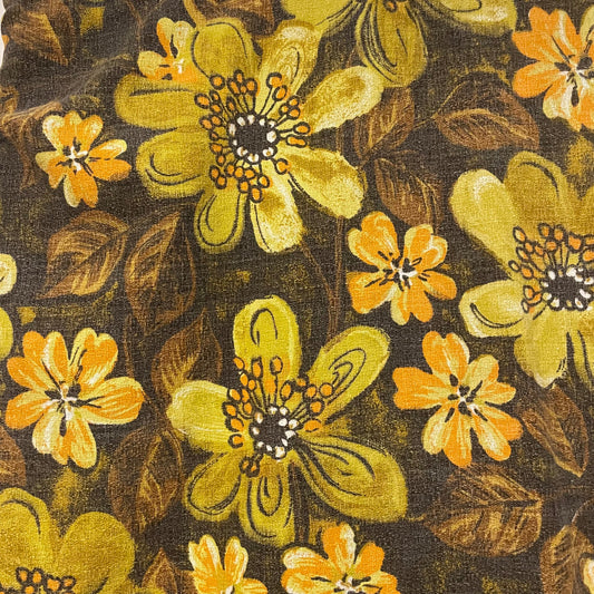 Fabric Vintage Brown Yellow Orange Illustrated Patterned Curtain