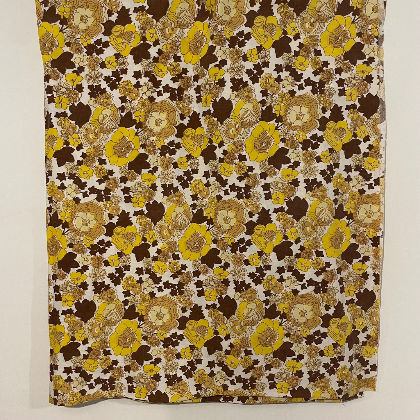 Vintage 70s Yellow Brown Patterned Floral Fabric for Crafts