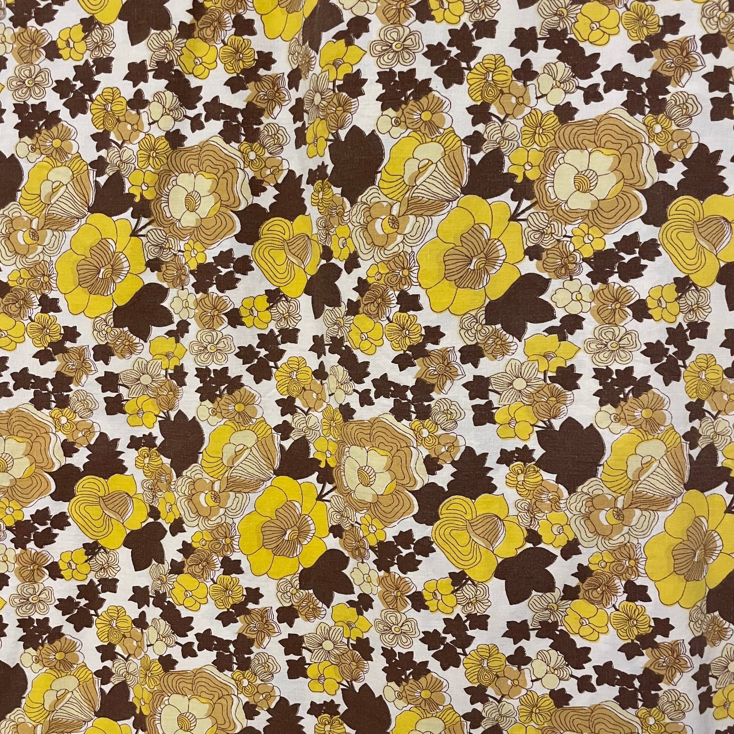 Vintage 70s Yellow Brown Patterned Floral Fabric for Crafts