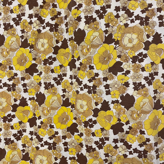 Vintage 70s Yellow Brown Patterned Floral Fabric for Crafts