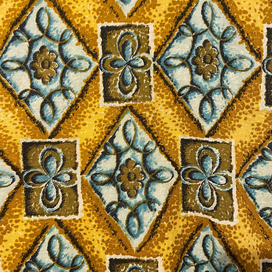 Fabric Vintage Blue and Yellow Diamond Floral Curtain Panel