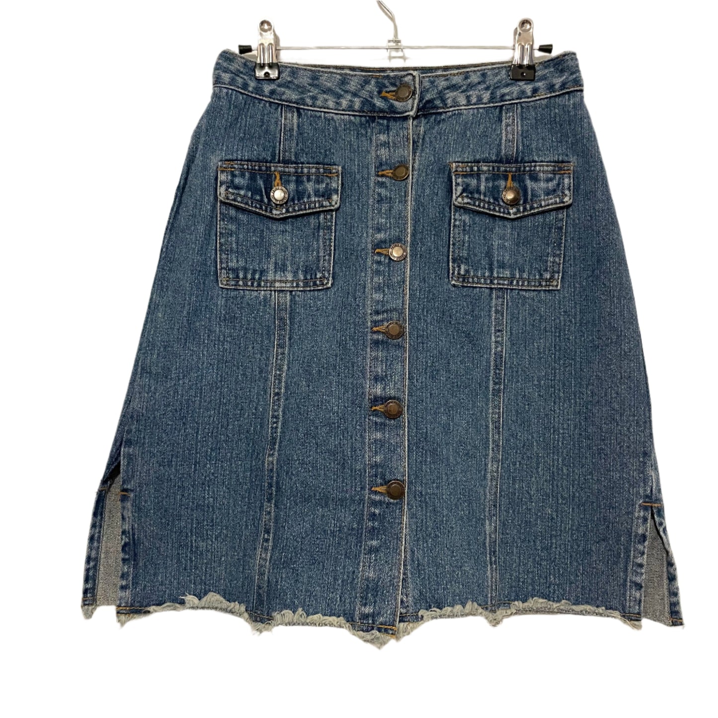 Denim Skirt Mid Length Faded Glory Ripped Hem A Line Size 8