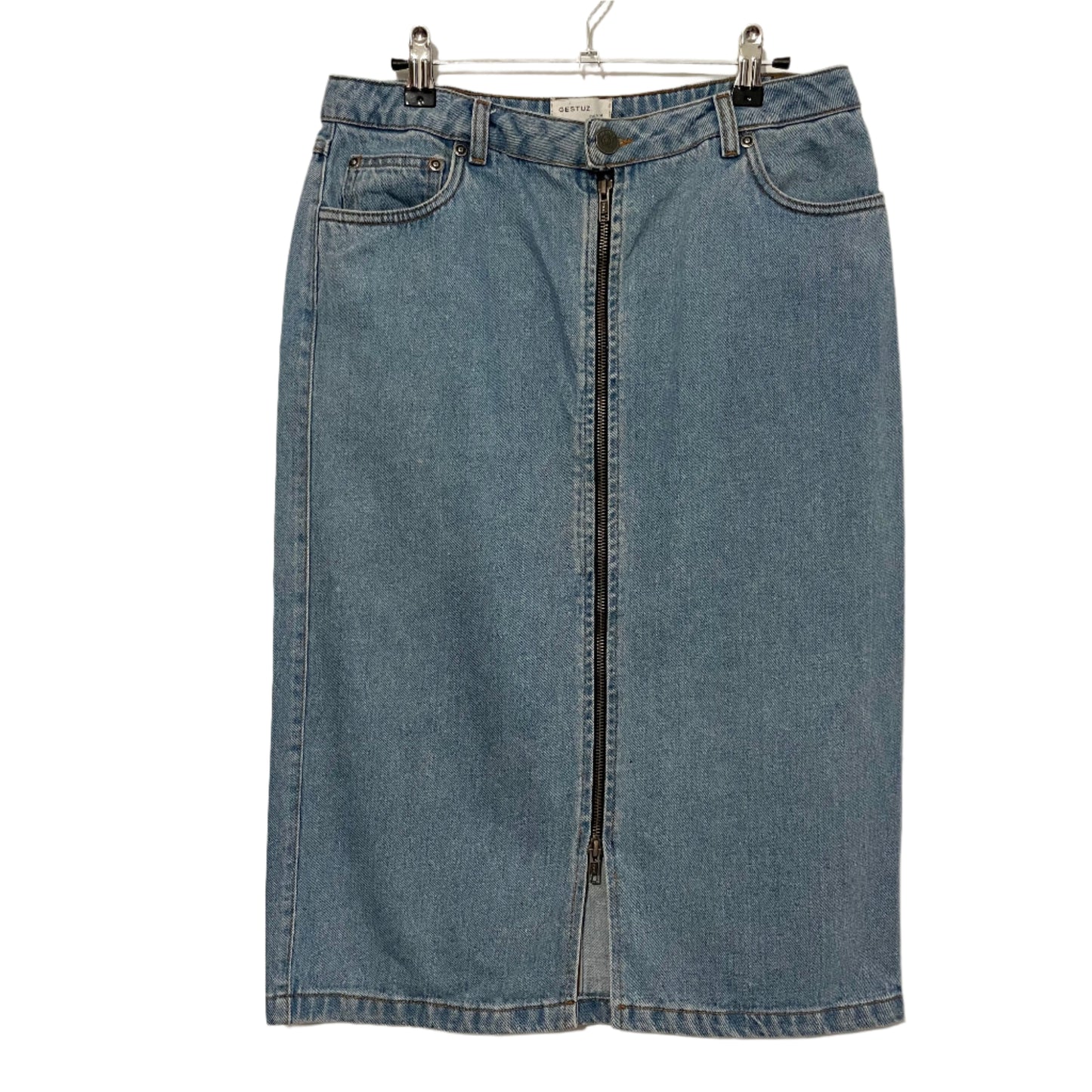 Denim Skirt Mid Length Gestuz Design Zip Light Blue Wash Size 10-12