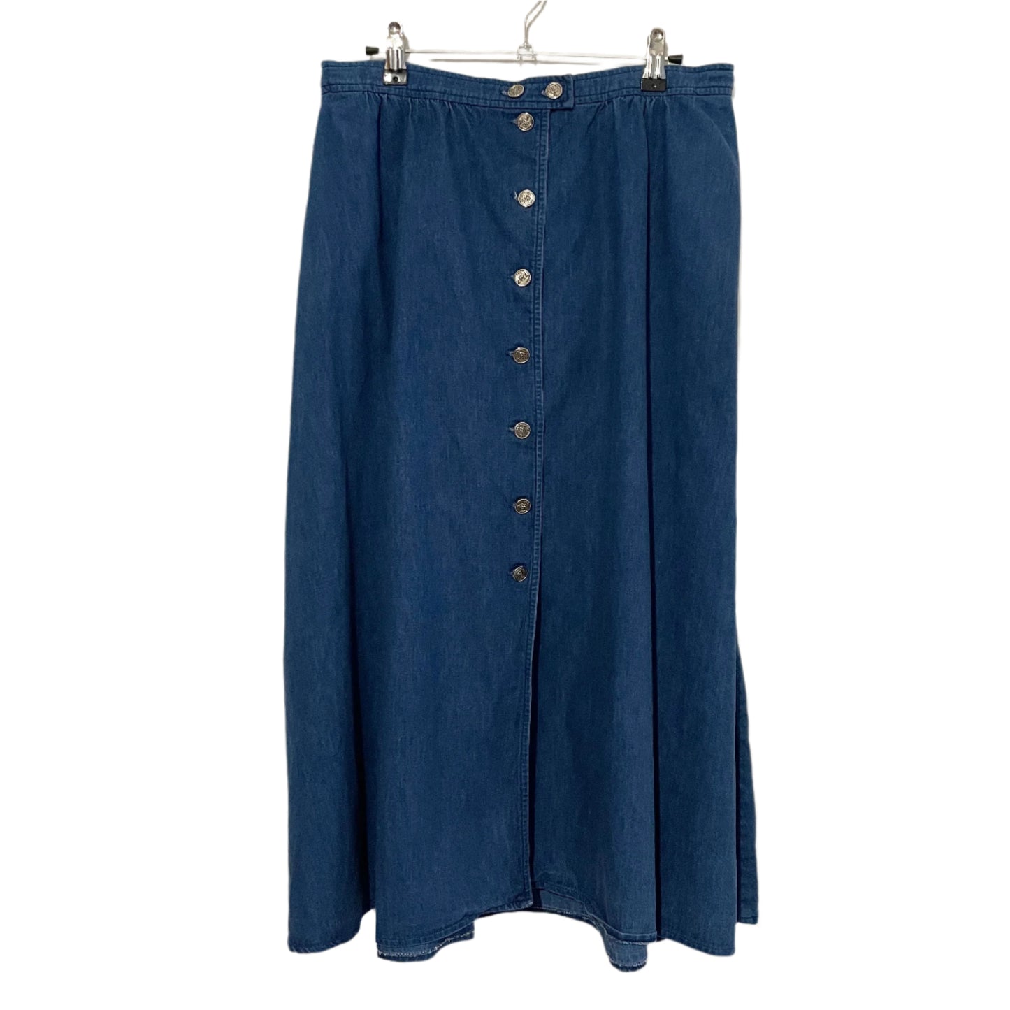 Denim Skirt Maxi Three Flags California Blue Button Size 12 Vintage